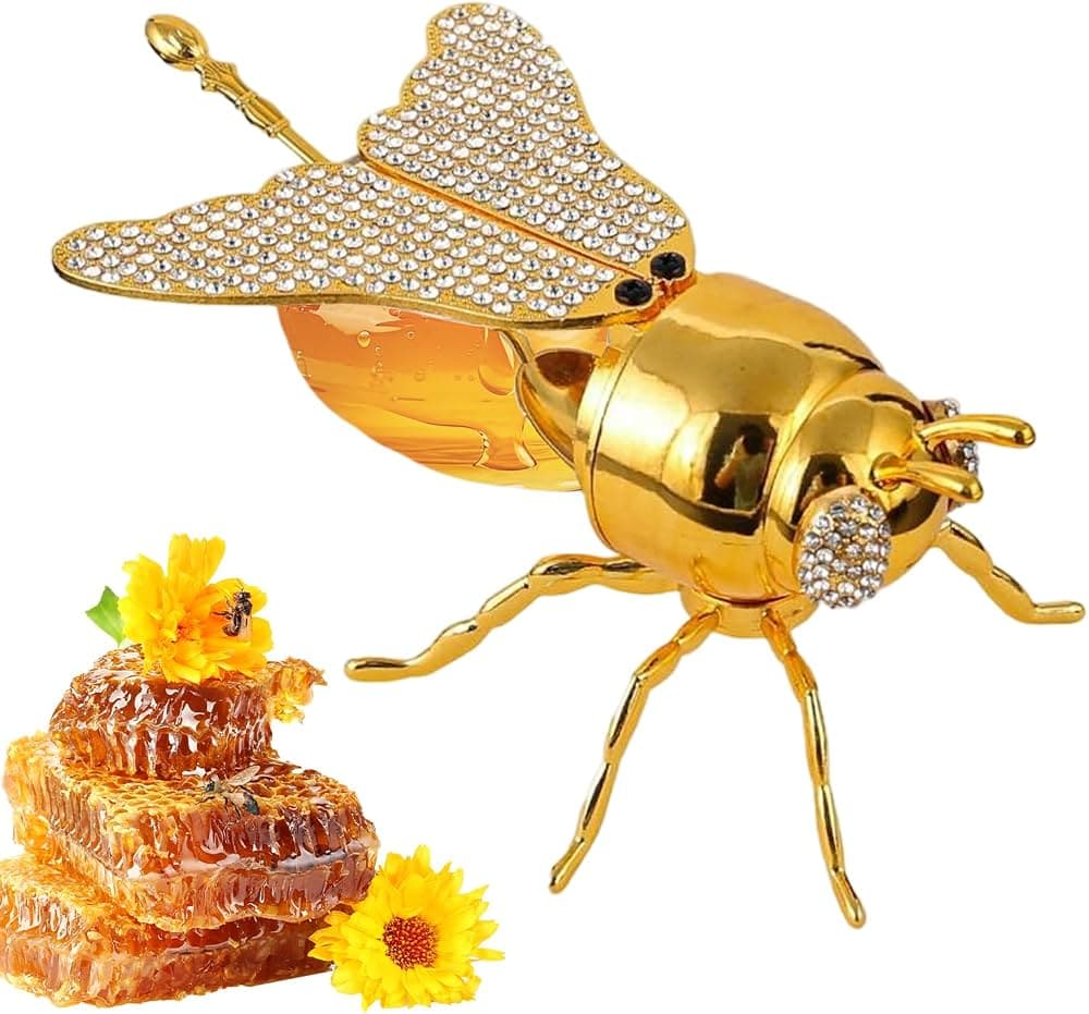 pot à miel décoratif en forme d'abeille doté d'un corps en verre transparent et d'ailes étincelantes ornées de strass