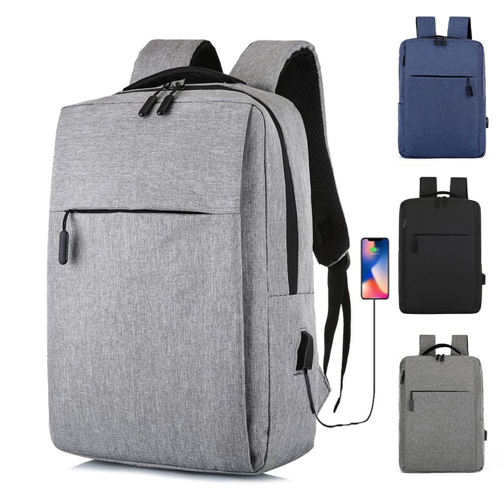 d'un sac à dos pour ordinateur portable en tissu gris chiné doté d'un port de charge USB intégré