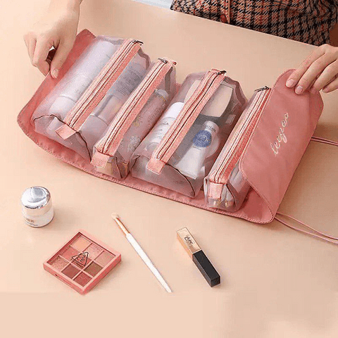 trousse de toilette et de maquillage de voyage pliable et détachable 4-en-1