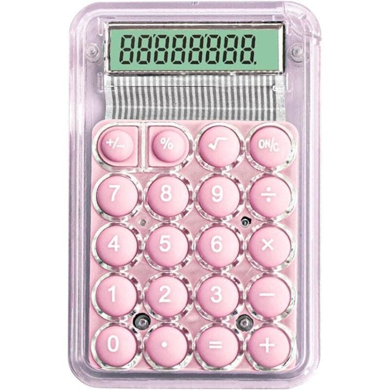 mini calculatrice transparente et colorée possède un design esthétique avec des touches rondes de style rétro