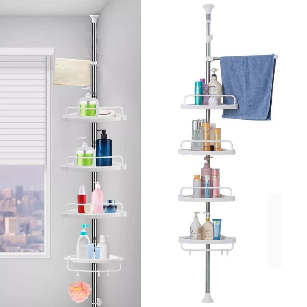 étagère d'angle télescopique pour salle de bain est un organisateur à 4 niveaux réglable en hauteur
