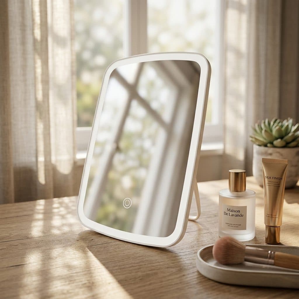 miroir cosmétique portable présente un cadre rectangulaire aux coins arrondis et un éclairage LED intégré avec commande tactile à l'avant
