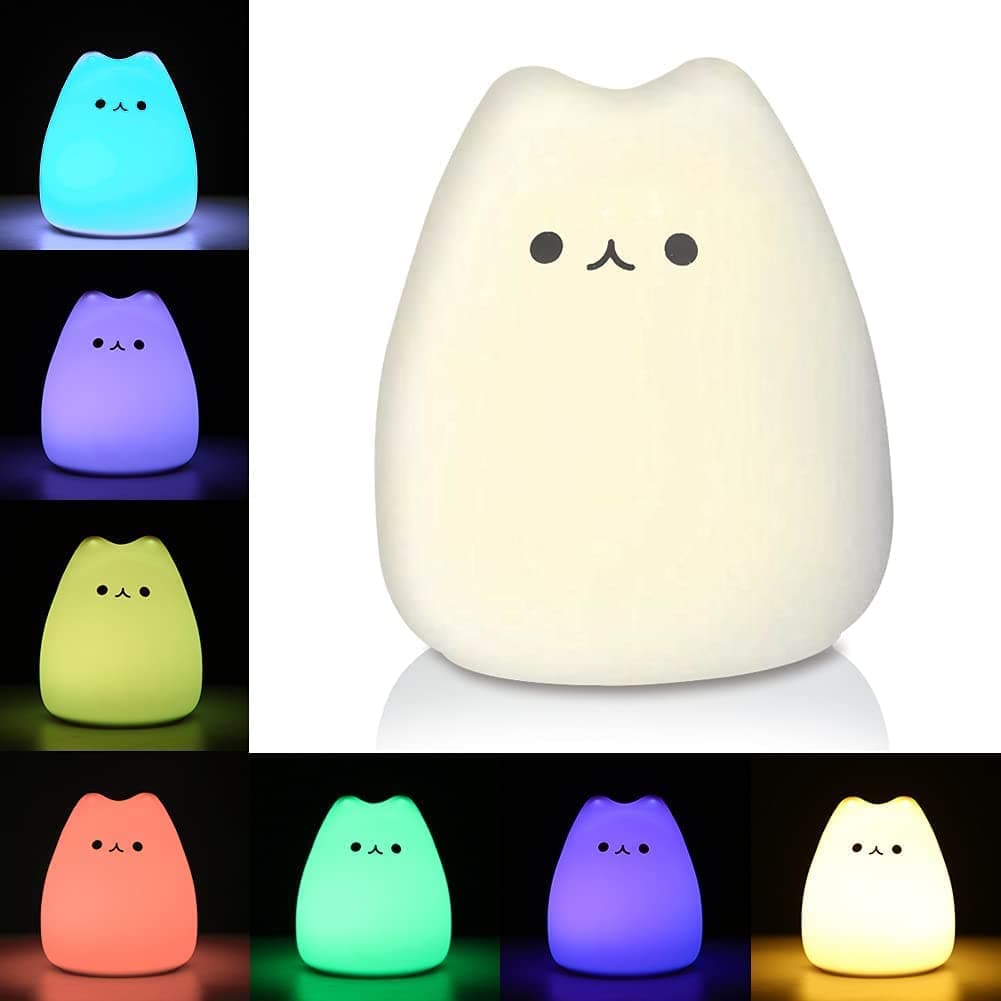 veilleuse en forme de chat est un modèle tactile en silicone souple qui diffuse une lumière douce ou changeante de couleur.