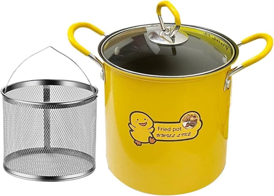 mini friteuse jaune de 3 litres avec un couvercle en verre et un panier de friture amovible en acier inoxydable