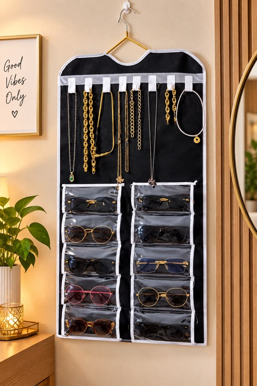 sac de rangement suspendu noir à suspendre possède des emplacements pour colliers et des poches transparentes pour les lunettes.