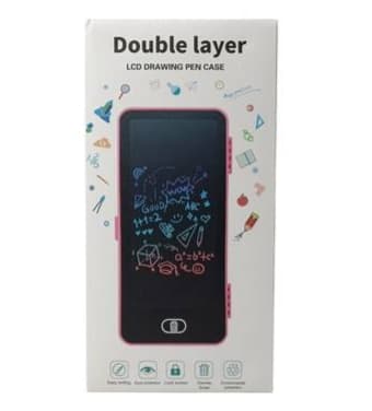 une trousse scolaire 2-en-1 avec tablette d'écriture LCD intégrée.