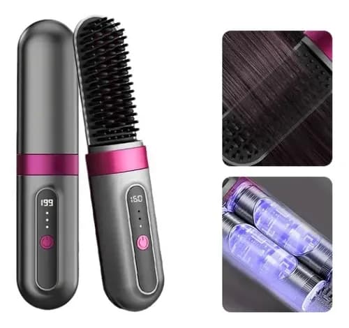 brosse lissante sans fil présentée dans sa boîte est dotée d'un élégant manche gris avec une touche fuchsia et un affichage numérique de la température