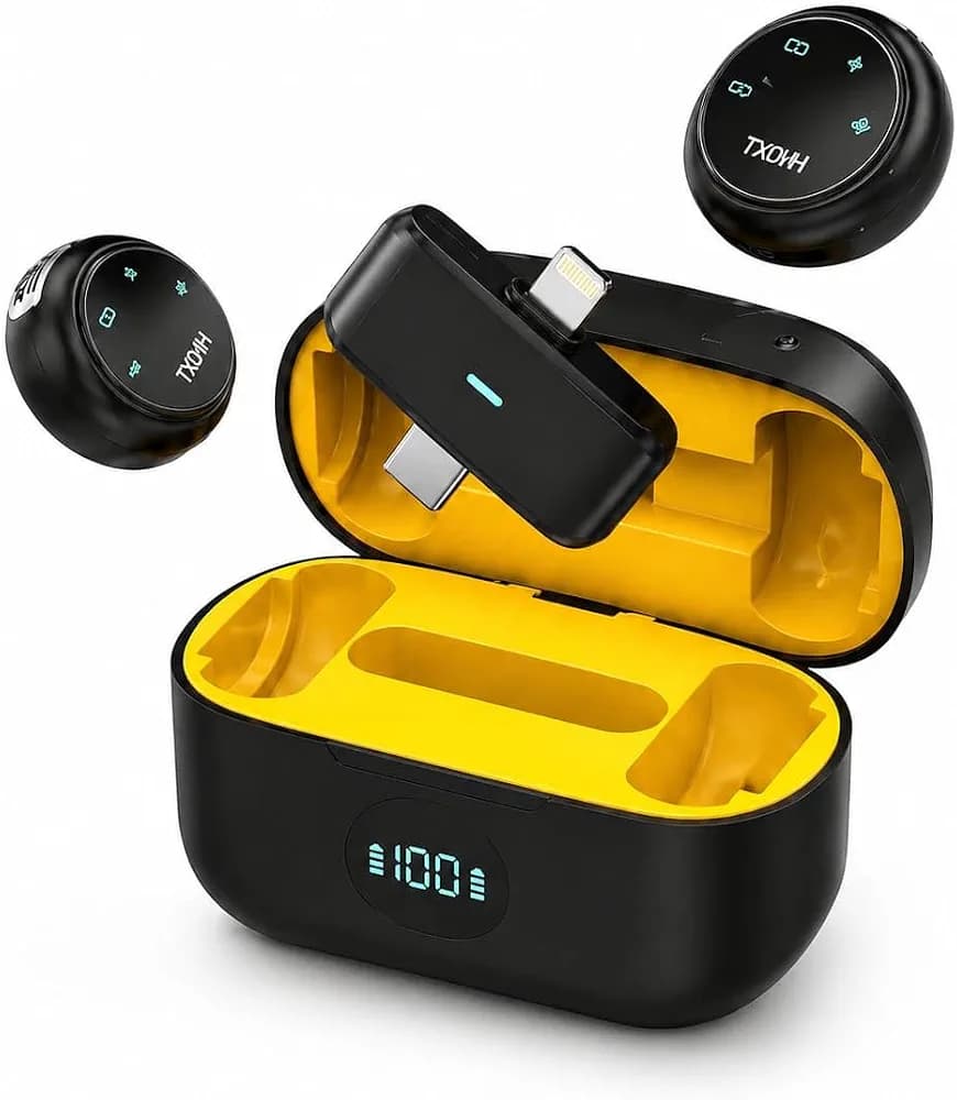 K31 Pro, un microphone cravate sans fil miniature (bouton à clipser) fourni avec son boîtier de charge compact...ميكروفون