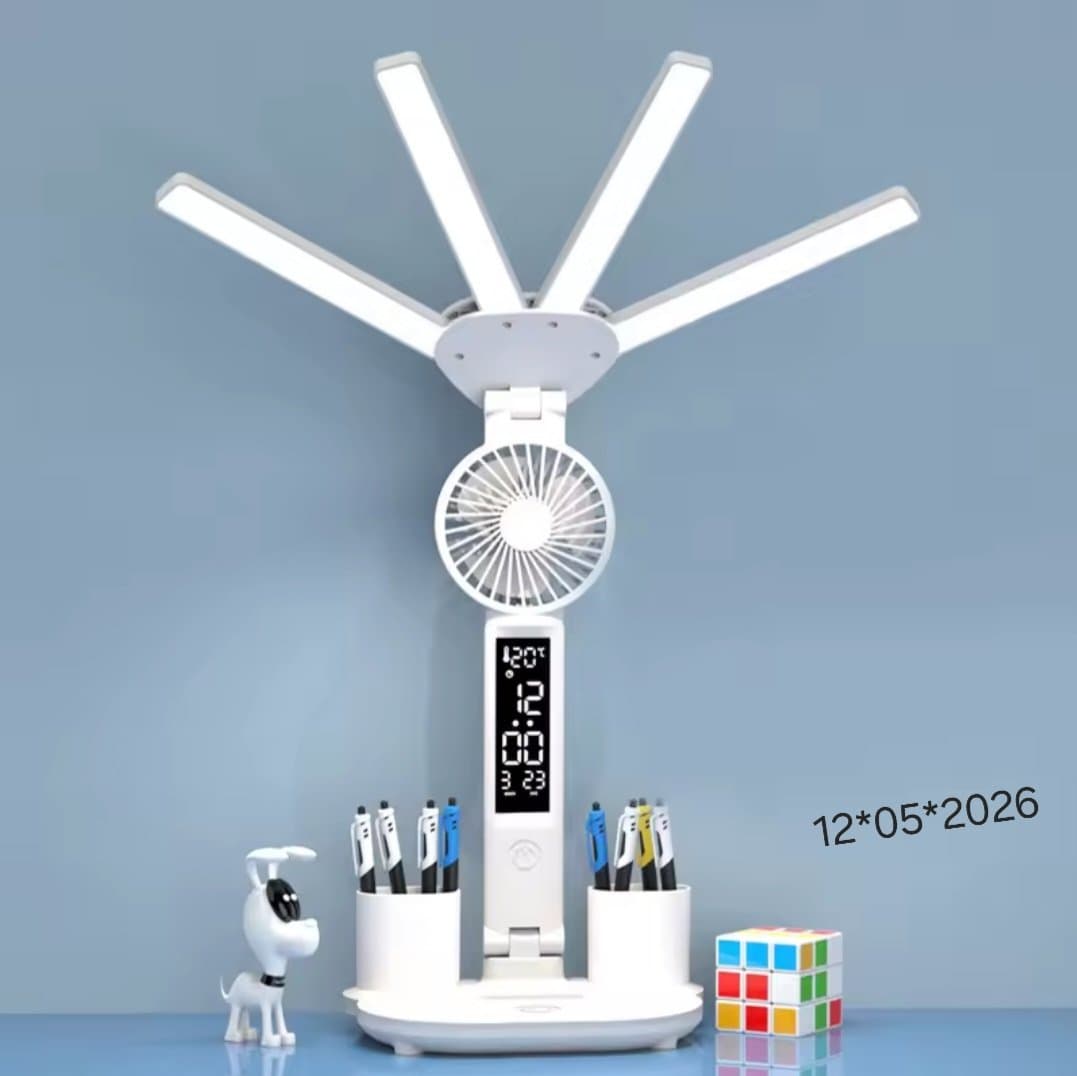 Lampe de bureau avec ventilateur et horloge