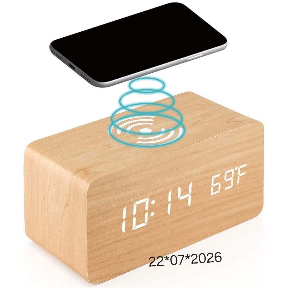 Réveil en bois LED avec chargeur sans fil