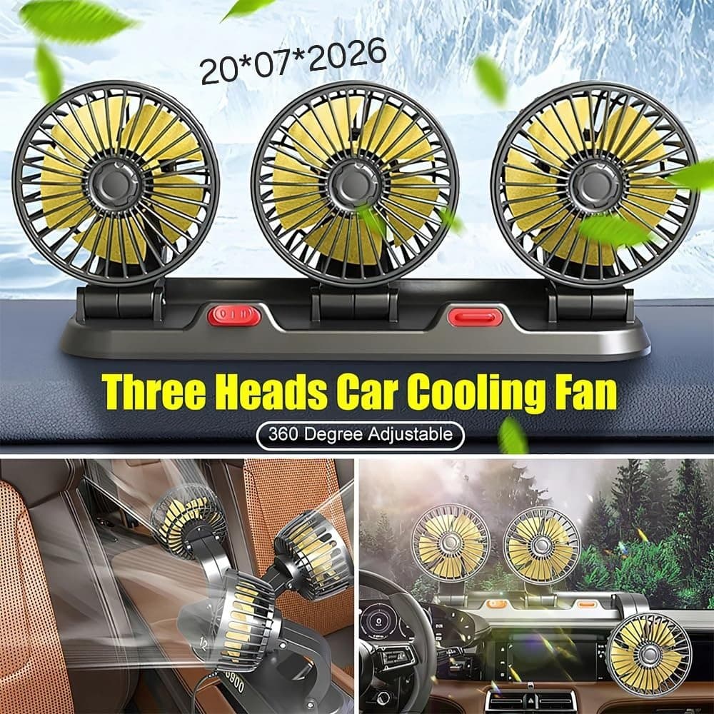 Ventilateur de voiture à trois têtes réglable à 360 degrés