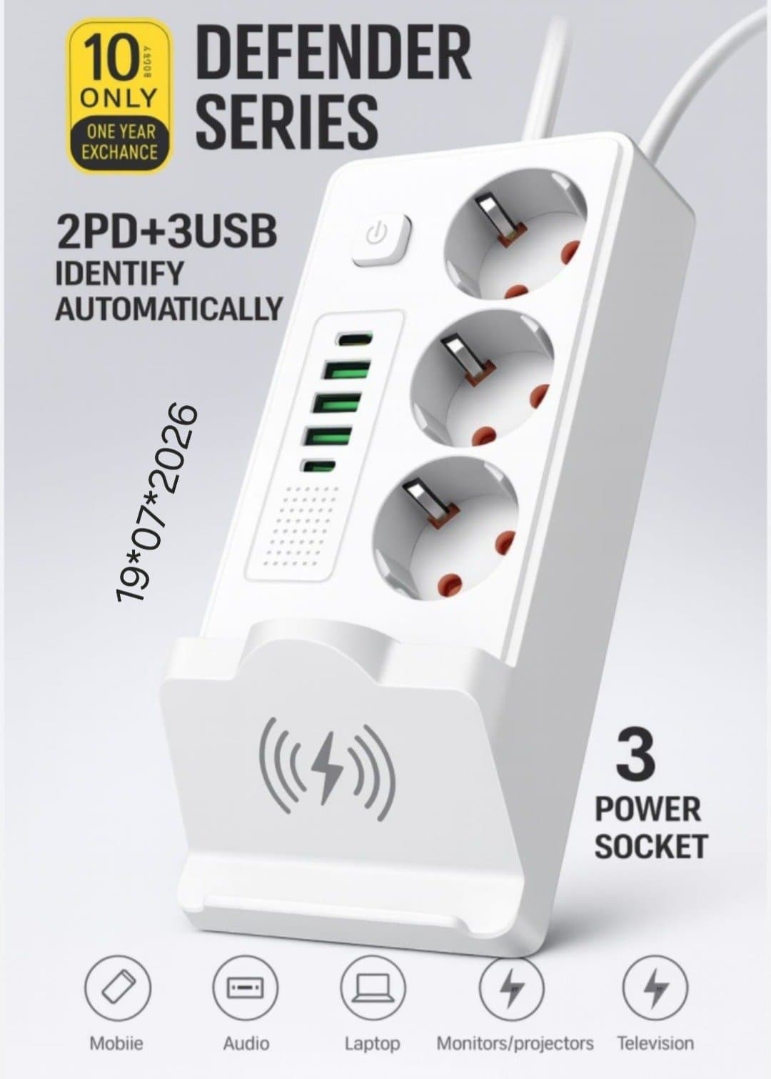 Multiprise parafoudre Defender Series avec 3 prises, ports USB/PD et chargeur sans fil