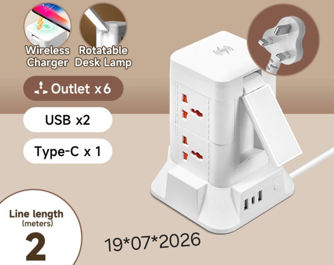 Multiprise verticale multifonctionnelle avec chargeur sans fil et lampe de bureau LED